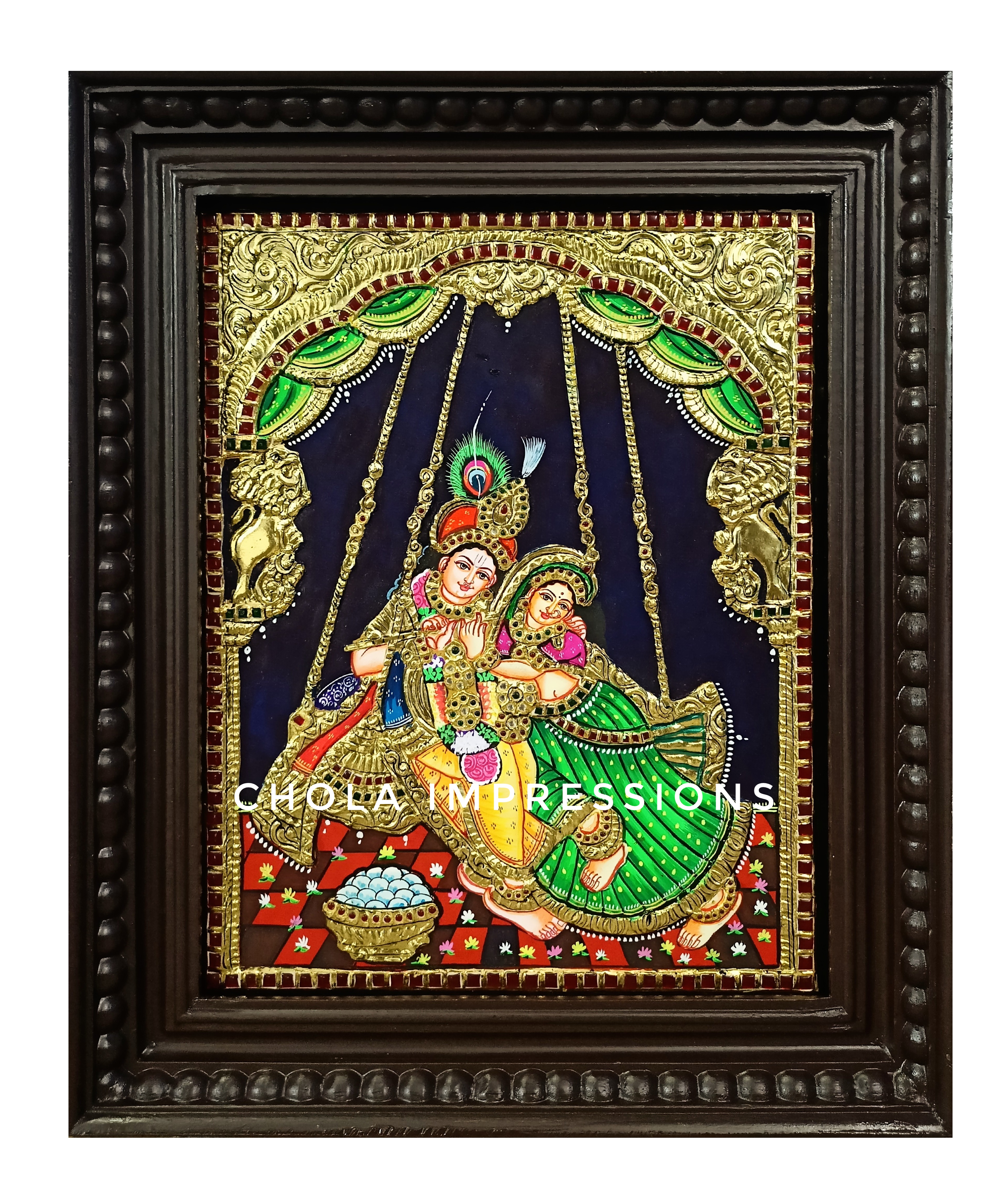 Kerala temple style original Mural painting of Radha on canvas Board with wooden outlets frame. 13” square. Beautifully hand painted.